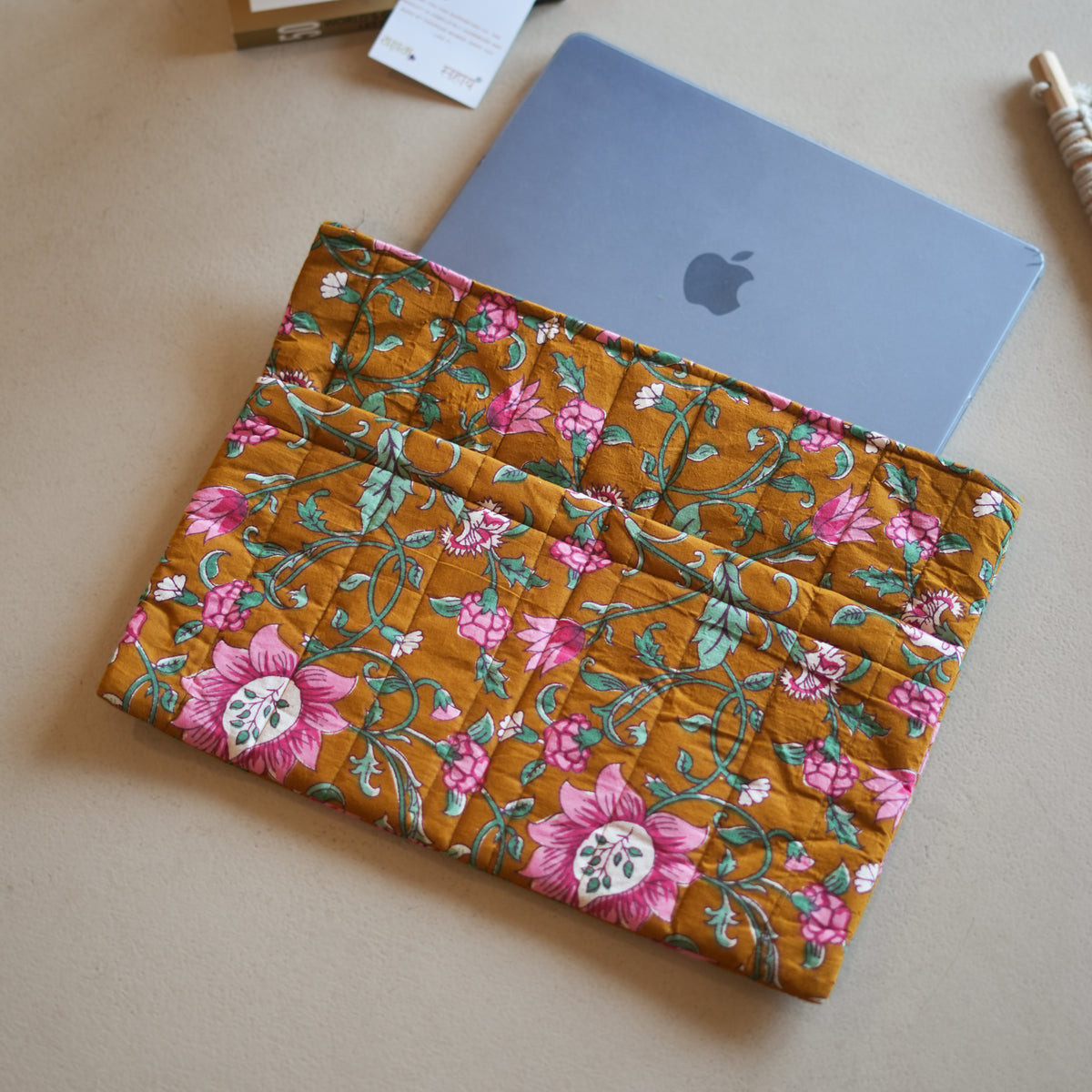 Mustard Quilted Floral Laptop Sleeve