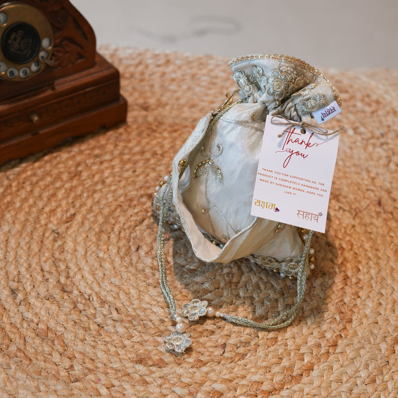 Silver-Ivory Emboridered Potli Bag